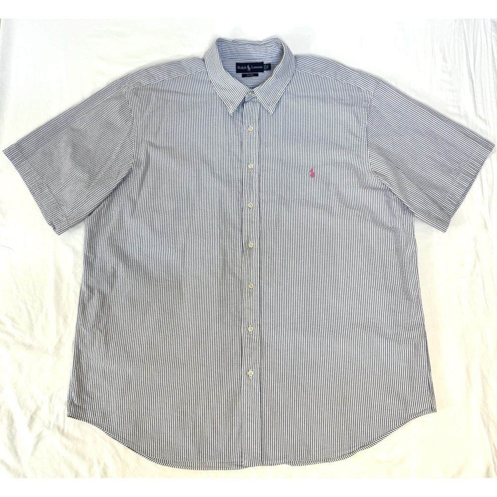 Ralph Lauren Men's 2X Big Seersucker Shirt Blue Stripe Short Sleeve Pink Logo